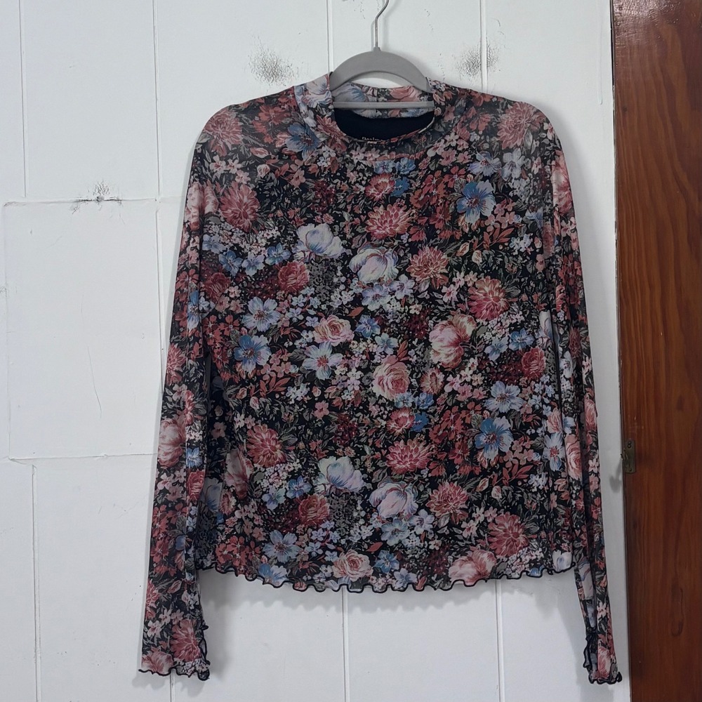 Dealmore Floral Mesh Mock Neck Long Sleeve Top Lettuce Edge Plus Size 2XL